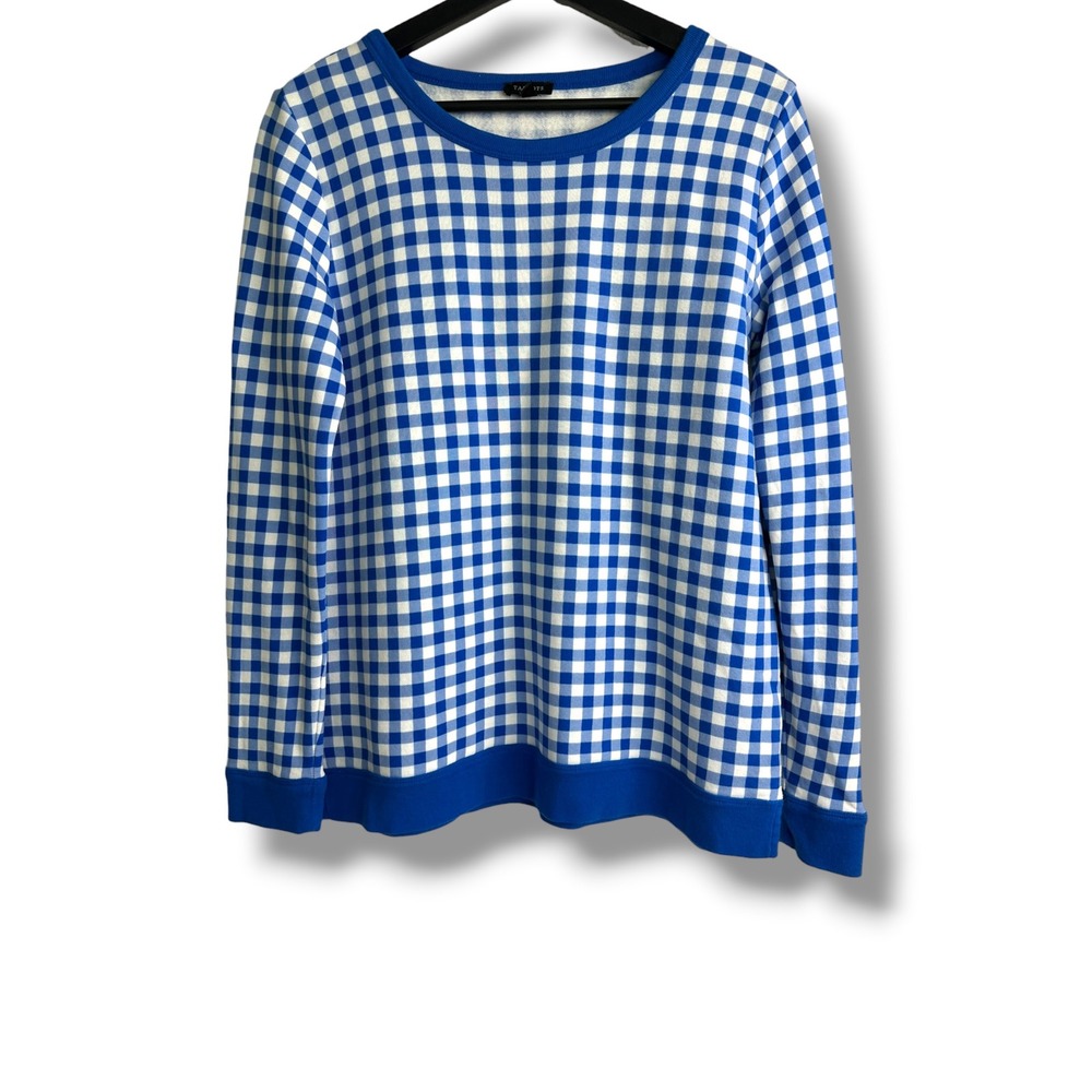 Talbots Blue White‎ Gingham Check Cotton Modal Pullover Sweatshirt Womens Small